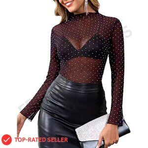 Mesh Floral Long Sleeve Blouse Mock Neck Sheer Y2K Chic Layering Top